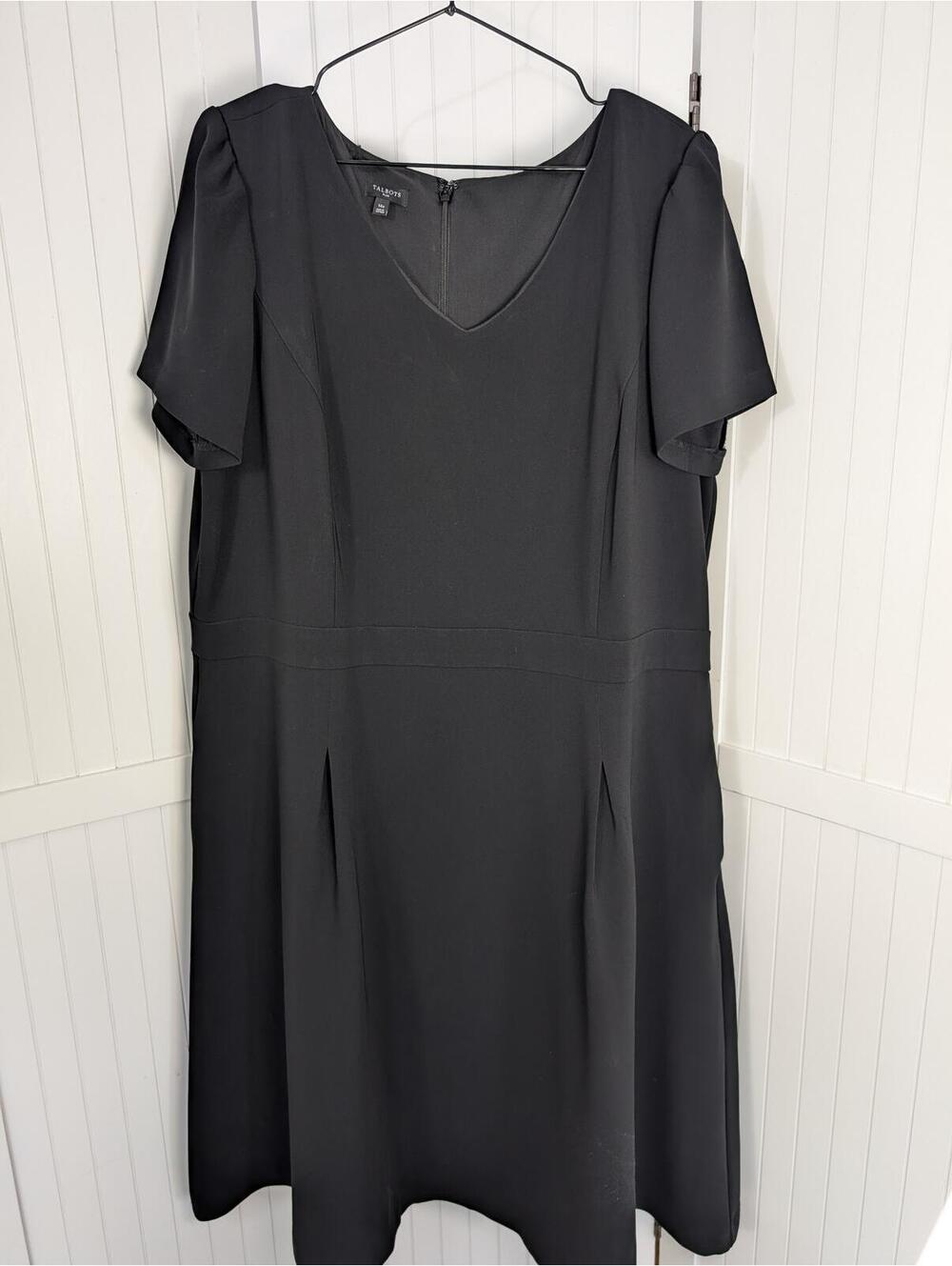 Talbots Plus Black Dress 14W Flutter Sleeve V-Neck Fit Flare Career Cocktail